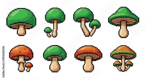 This vector image presents eight charming pixel art mushrooms, with caps in green and orange, in diverse arrangements.