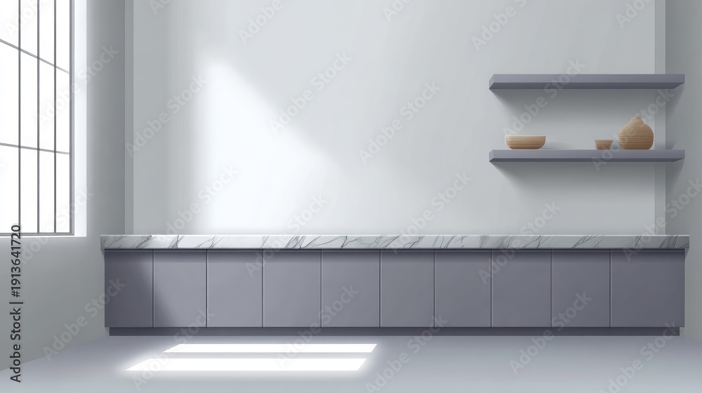 Fototapeta premium Modern minimalist kitchen interior with spacious countertop and natural light streaming through large window showcasing elegant shelf decor