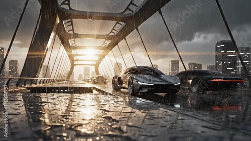 Luxury Sports Car Driving on Wet Bridge.