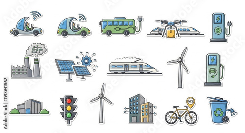 Collection of green energy and eco friendly transportation icons.