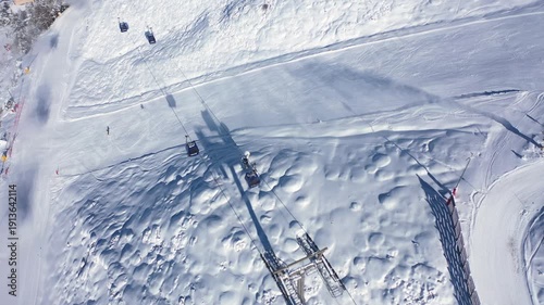 Aerial 4K video from a drone to Sierra Nevada ski resort on a sunny winter day in the mountains, Spain. Sierra Nevada is the largest mountain range near the city of Granada in Spain with snow. Sierra 