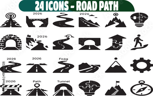 Set of twenty-four road path travel and navigation icons isolated transparent background.