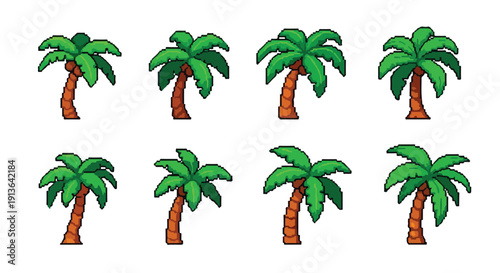 An assortment of eight tropical pixel art palm trees with green leaves and brown trunks, displayed on a clean white background.