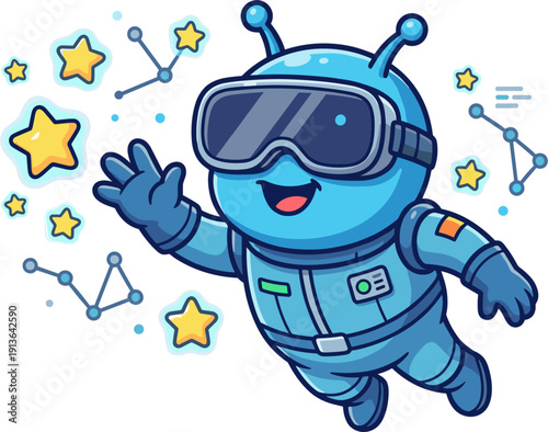 Blue Alien Astronaut Wearing VR Goggles Exploring Stars and Constellations in Outer Space