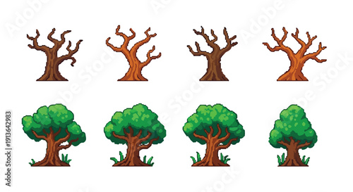 A collection of eight pixel art trees, featuring both barren and lush green varieties with distinct trunk shapes and colors.