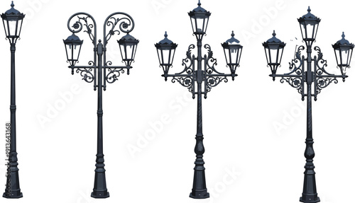 Vintage ornate street lamp set with decorative wrought iron lantern posts, classic Victorian style urban lighting collection isolated on white background vector illustration