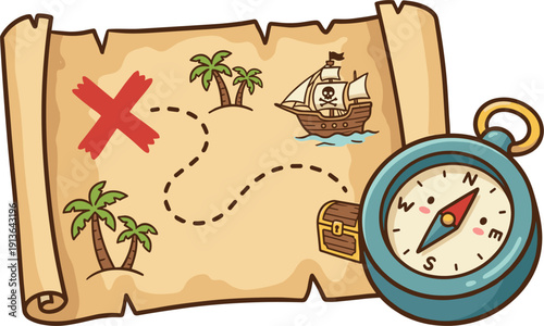 Pirate Treasure Map With Compass And X Marks The Spot Illustration
