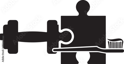 Black dumbbell puzzle piece and toothbrush with toothpaste weight fitness exercise workout de