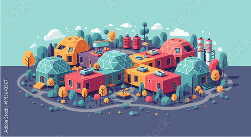 Vibrant illustration showcasing a modern, sustainable community with colorful geodesic domes and modular homes nestled among lush trees and winding paths.