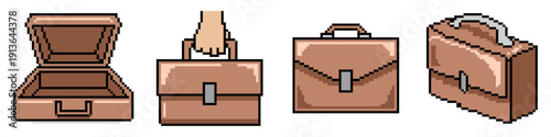 set editable pixel briefcase icon vector for vintage business interfaces. Ideal for 8-bit corporate games and retro office graphics. Symbolizes professional work, digital employment, and portfolios.