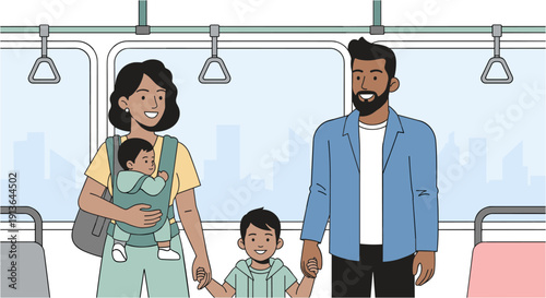 A happy diverse family, including parents with two young children, one in a baby carrier, riding public transportation together, illustrating urban life and family travel.