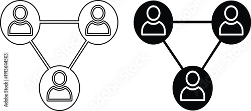 Connected People Network Icon Representing Social Media Community, Teamwork, and Business Collaboration in Outline and Flat Vector Style.
