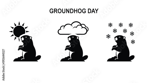 Groundhog day vector silhouette illustrations with weather forecast icons