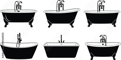Bathtub silhouette illustrations, clawfoot and modern designs, vintage bathroom icons, interior decoration graphics, architectural element artwork, plumbing fixture illustration set