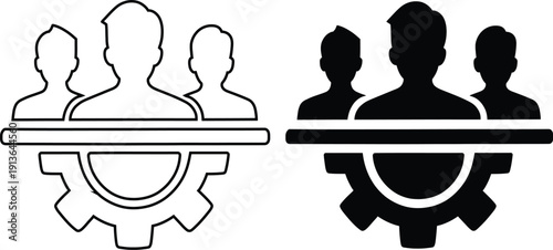 Team Management and Business Operations Vector Icon with Gear and People Silhouettes