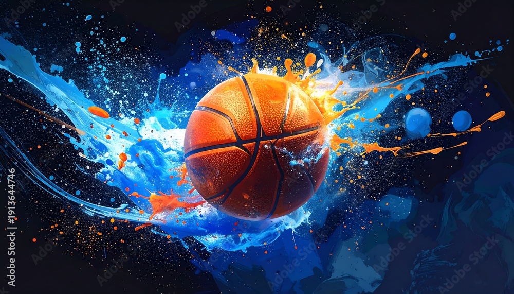 Fototapeta premium A basketball surrounded dynamic blue and orange splashes