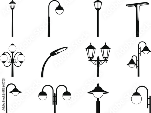 WebSet of modern and classic street lamp silhouettes, urban outdoor lighting collection with decorative and contemporary lamppost designs isolated on white background vector