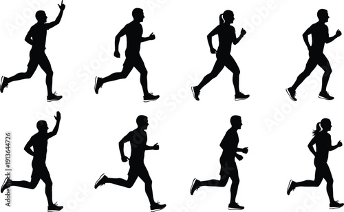 Silhouette of diverse men and women running and jogging, group of active people exercising, fitness marathon and healthy lifestyle concept, isolated white.