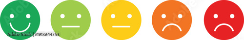 Five colored face icons showing emotions, satisfaction scale from happy green smile to red frown, survey feedback illustration.