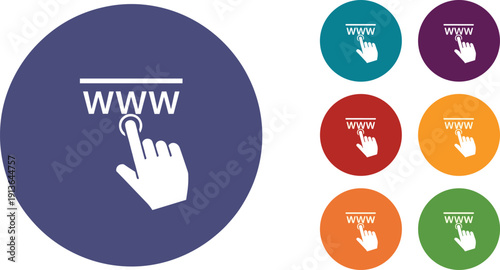 Set of colorful round web icons with white hand clicking finger on www address for internet browsing and website navigation interface design,