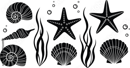 Collection of black silhouettes featuring seashells, starfish, underwater seaweed, and bubbles set, marine biology illustration isolated on white background, ocean vegetation vector design.