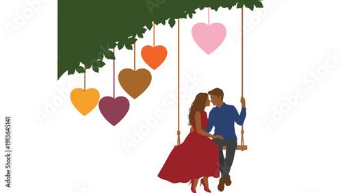 Couple vector illustration of romantic lovers on a swing under heart lights