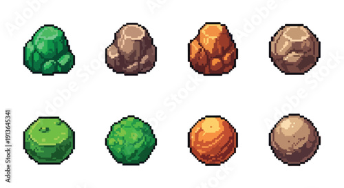 A vibrant pixel art collection of eight distinct rocks and stones, presented in various natural hues and organic shapes, ideal for game design assets.
