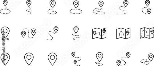 Black and White Line Icon Set Depicting Navigation, Location Pins, Travel Routes, GPS Mapping, and Geographic Information Concept 