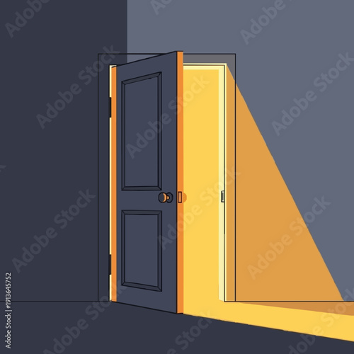 An open door reveals a brightly lit corridor with sunlight streaming in from outside onto the darkened room's floor