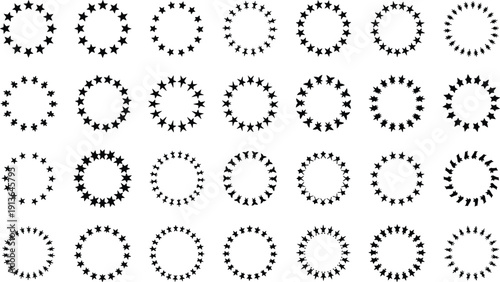 Black and white vector illustration of circular star patterns with radial symmetry, varying sizes, orientations, spacing, and decorative motifs