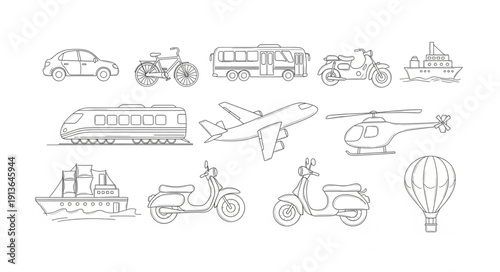 Collection of Hand Drawn Transportation Vehicles and Aircraft.
