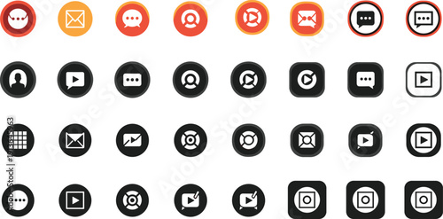 Multicolor UI/UX Icon Set Depicting Chat Bubbles, Envelopes, User Profiles, Play Buttons, Search Magnifiers, Charts, and Digital Interface Concept