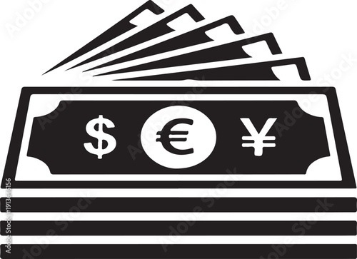 Stack of paper currency with dollar euro yen symbols money cash banknotes bills