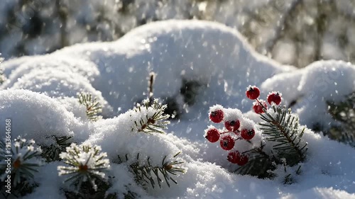 Snow Covered Plants with Red Berries Winter Scene.