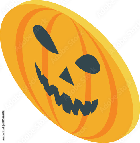 Orange halloween pumpkin with carved face grinning menacingly, creating a spooky and festive decoration