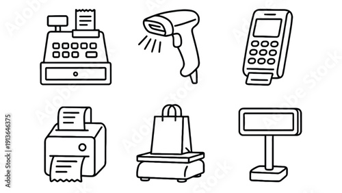 Cash register and payment terminal vector icons for retail business