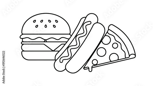 Fast food icon set including hamburger, hot dog and pizza