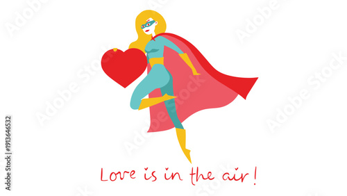 Superhero woman holding a heart in a dynamic flying pose illustration