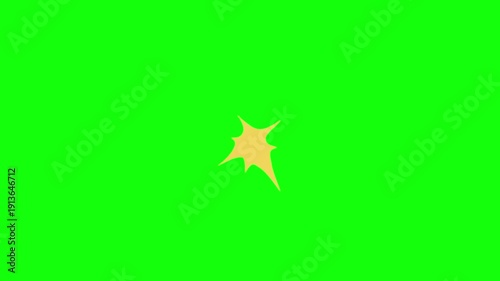 Looping 2D animation of a cartoon explosion, big yellow‑orange cloud expanding outward with shockwave ring at the base, simple flat style, isolated on bright green chroma key background.