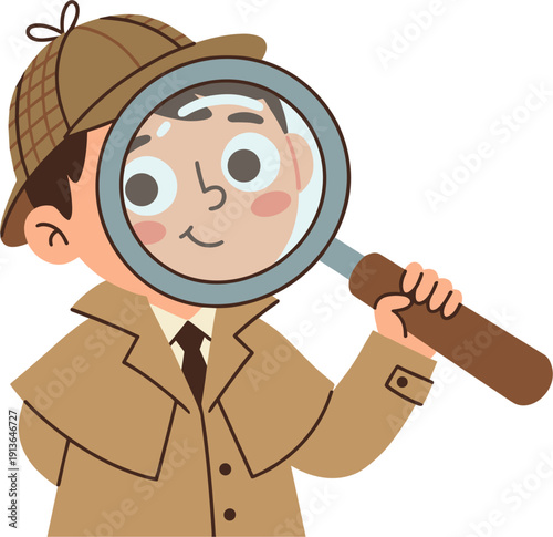 Cartoon Boy Detective Magnifying Glass Investigation Discovery Adventure