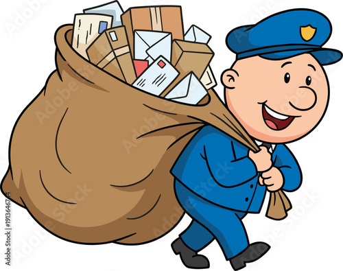 Cartoon Mailman Carrying Heavy Bag Full of Letters and Packages