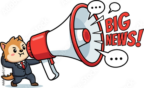 Cartoon Wolf in Suit Shouting Big News Through Megaphone