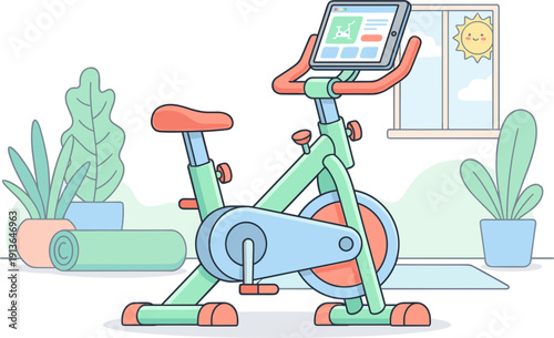 Green Stationary Exercise Bike With Tablet Screen In Bright Room With Plants