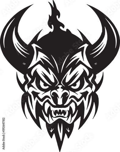 Scary Demon Head Emblem Isolated on White - demon tattoo, gothic tattoo, monster illustration, evil face, halloween design, horror art, fantasy creature, demonic face, 
