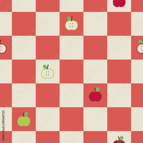 Cartoon red apple fruit on check geometric seamless vector background. Summer or spring seasonal farming fruit for fabric, wrapping, textile, card, stationery, and phone cases.