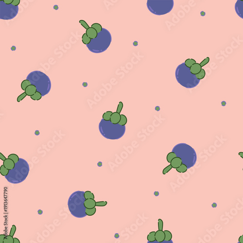 Seamless pattern of cute cartoon mangosteen on purple pastel background. Fruit and vegetable design image for packaging, wallpaper, textile, fashion, background, stationery, wrapping, card, and phone 