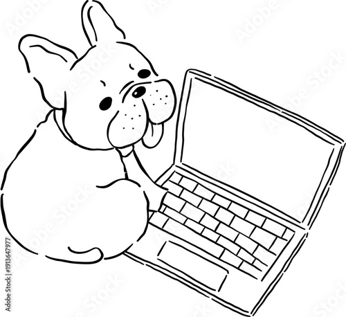 Tried french bulldog WFH Outline with laptop hand drawn frenchie derp dog 