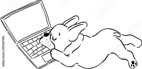 Sleeping Silly french bulldog WFH Outline on laptop hand drawn frenchie derp dog 