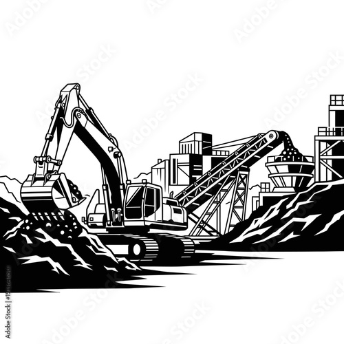 Heavy machinery excavation and construction site with conveyor belt.