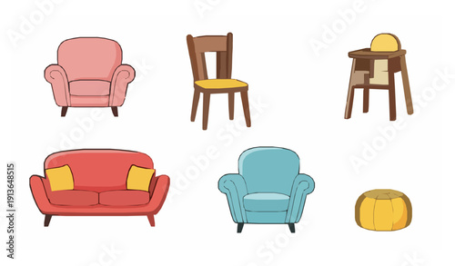 Cute sofa and chair furniture vector set with living room dining and baby chair isolated on white background
